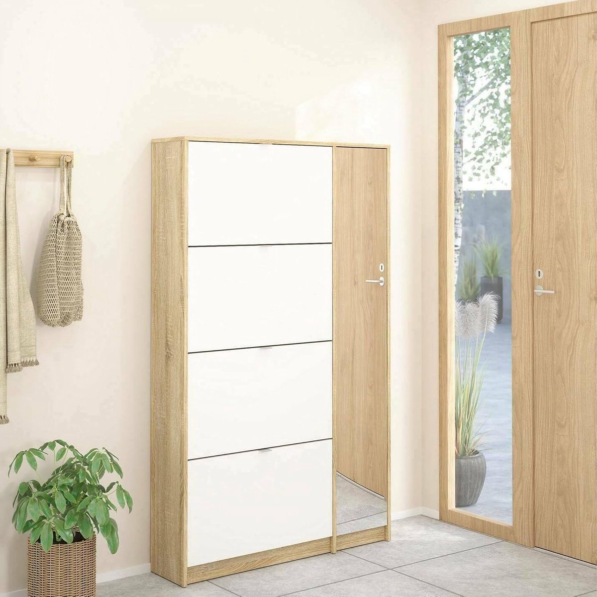 Schoenenkast met Spiegel 4 Deurs – House&Garden – Smalle Moderne Schoenenkast Eiken & Wit Glanzend – 99 x 162 x 17 cm – Ruimtebesparende Hal Schoenenopberger – Gangkast met 4 Planken & Spiegeldeur – Vrijstaand Schoenenrek
