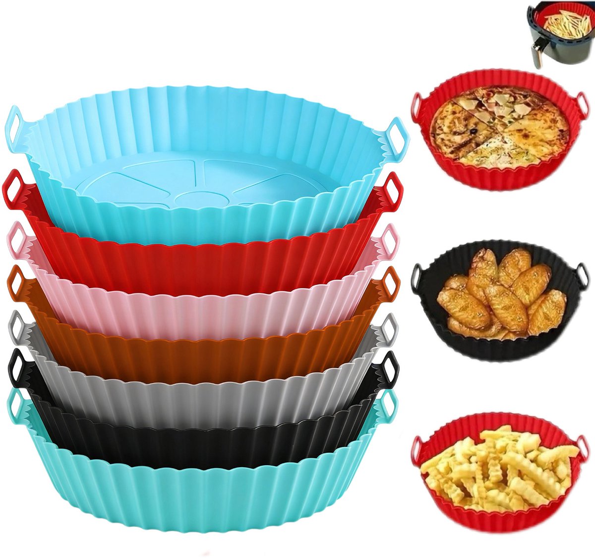 Airfryer Siliconen Inzetmat - 7 Stuks Set - Herbruikbare Airfryer Bakmat - Antiaanbak Siliconen Bakvorm - Hittebestendig - Geschikt voor 20cm+ Airfryer Mand