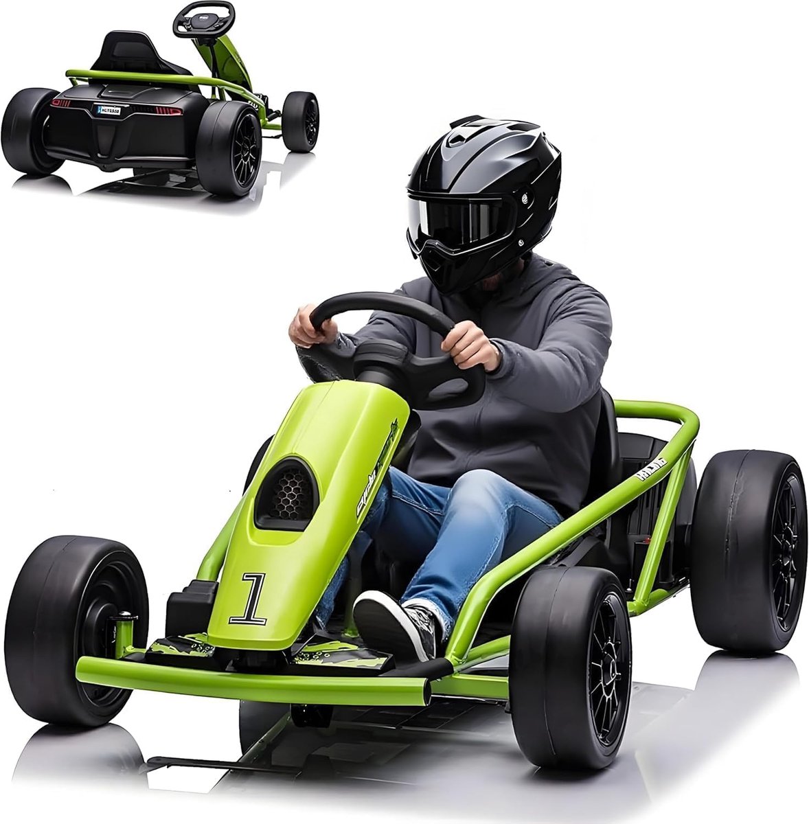 Elektrische kart voor kinderen 24 V – Elektrische auto met driftfunctie – 2 krachtige motoren van 300 W – Zachte start, muziek en claxon, volledig metalen frame – Voor kinderen van 8 tot 12 jaar – Groen