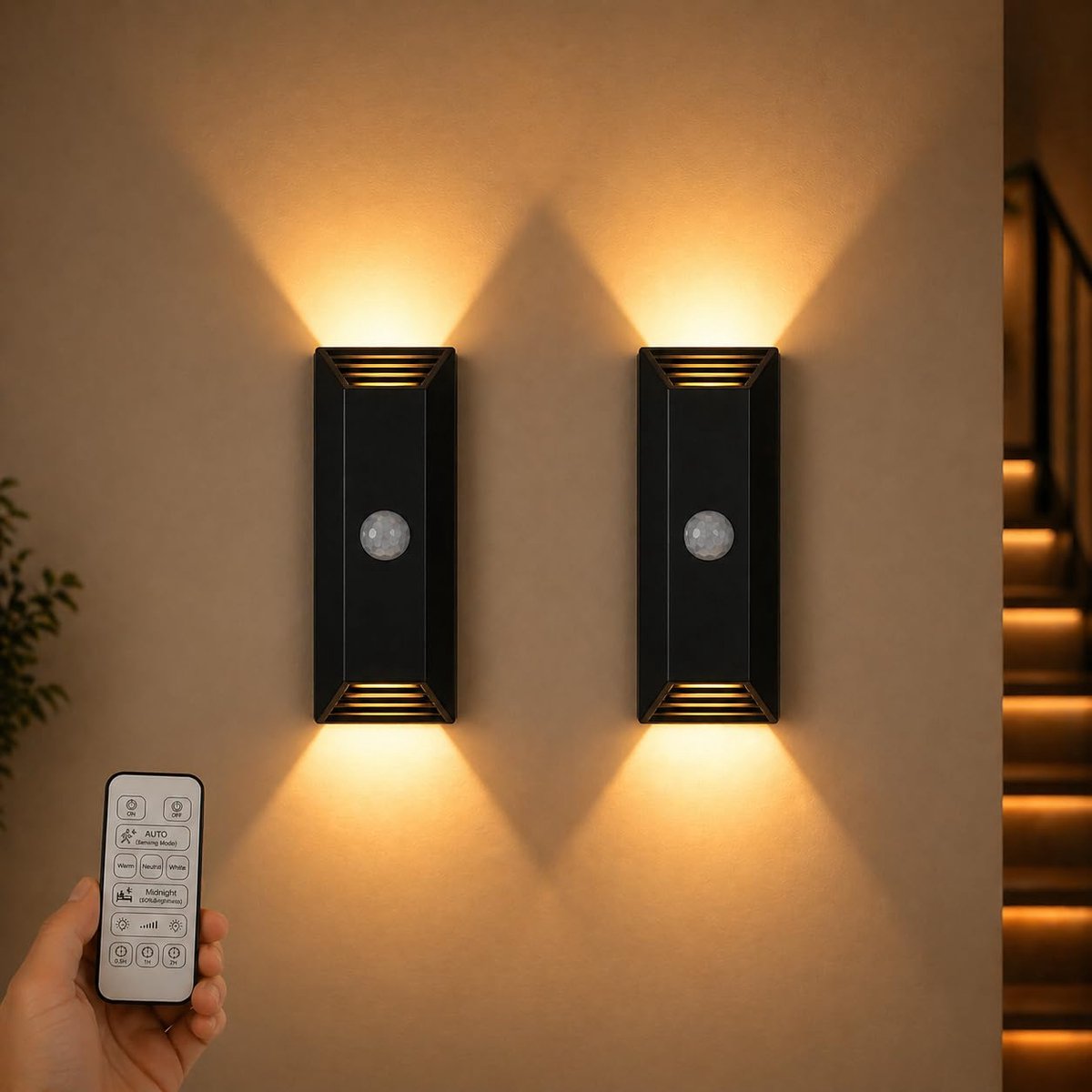 Epochglo Oplaadbare LED Wandlamp met Bewegingssensor - Draadloos op Batterij (5200mAh) - Up & Down Light Lichtsnoer - 3 Lichtkleuren (2800K/4000K/6000K) - Automatische Nachtlamp & Sensorlamp met Afstandsbediening - Zwart
