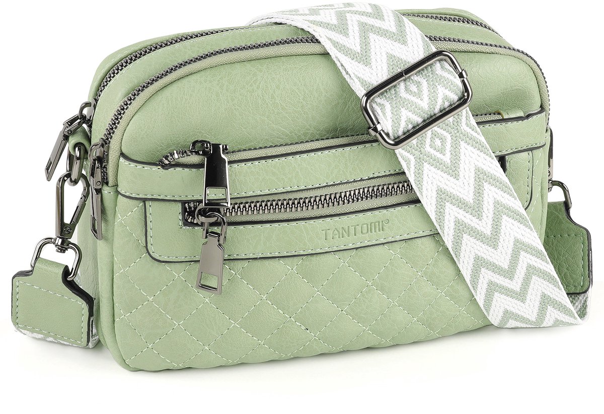 TANTOMI - Schoudertas Dames - Crossbody Tas met Zachte Brede Band - met Meerdere Ritsen - Klein handtas dames - Lichtgroen