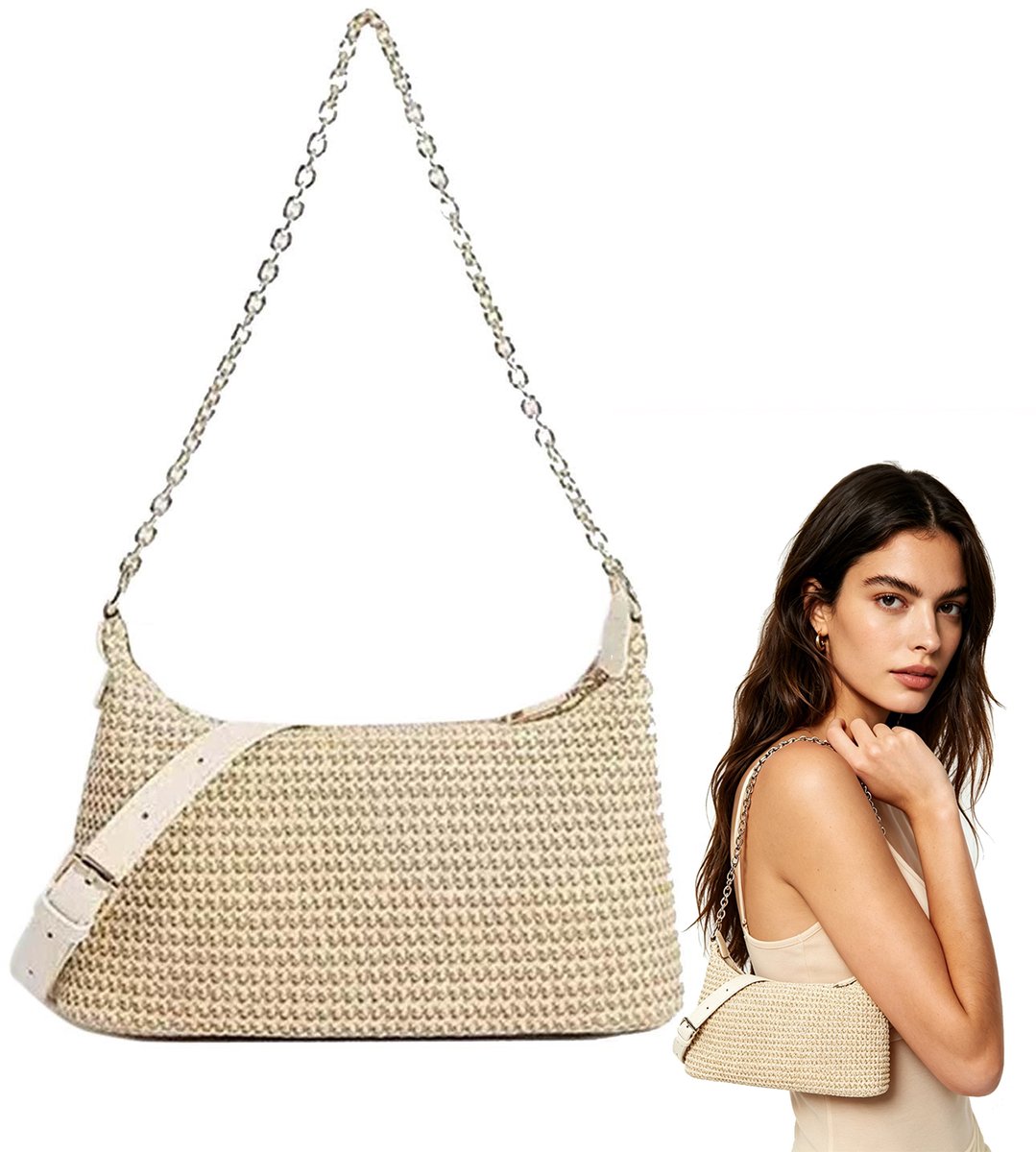 Strandtas - Geweven Schoudertas voor Dames – 28*15*13cm - Boho Hobo Tas met Kettingriem – Stijlvolle Handtas voor Vakantie, Winkelen en Dagelijks Gebruik - Gebroken wit