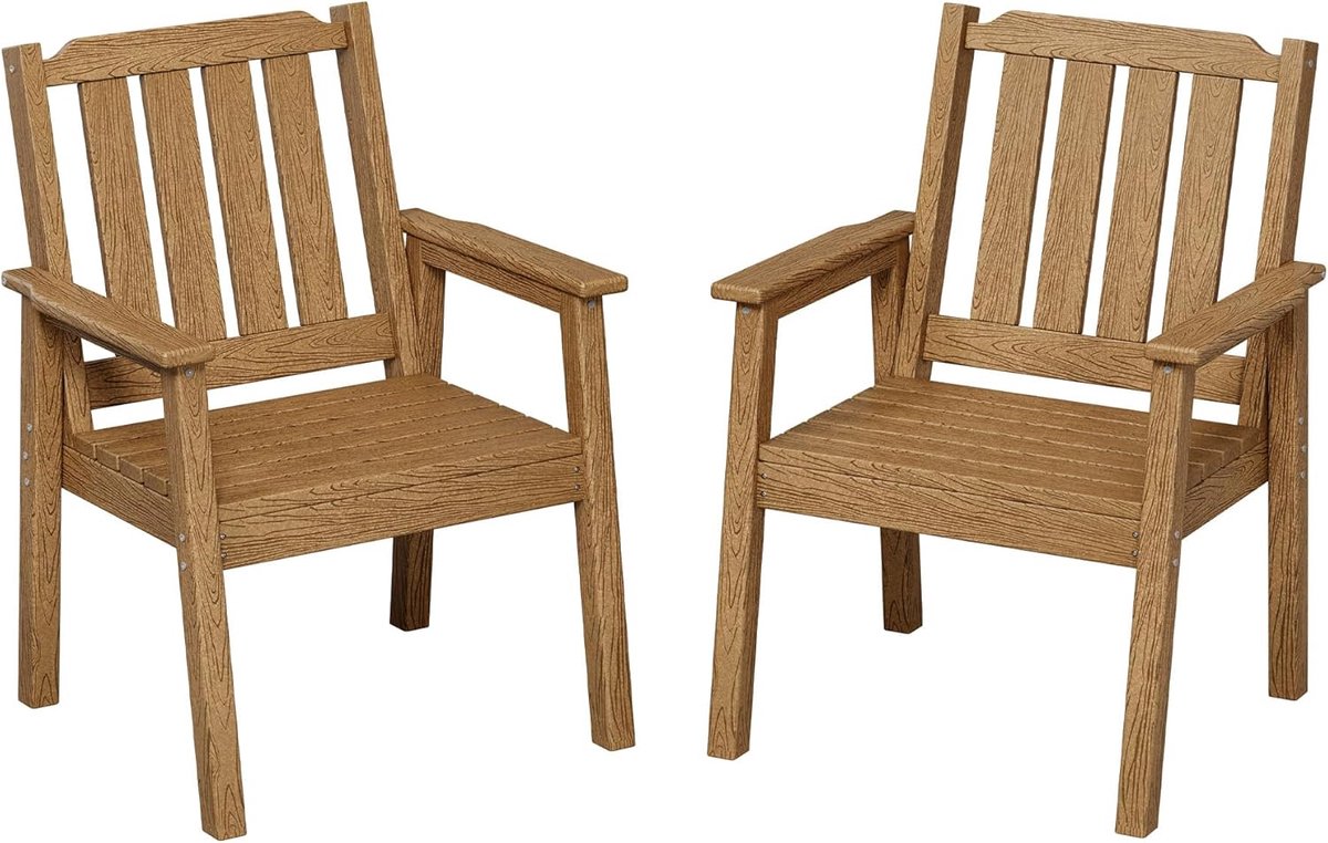 Set van 2 robuuste HDPE tuinstoelen Bruin, 61cm breed met lattenzitting, maximaal draagvermogen 295 kg, weerbestendig modern tuinmeubilair geschikt voor tuin, terras en zwembad