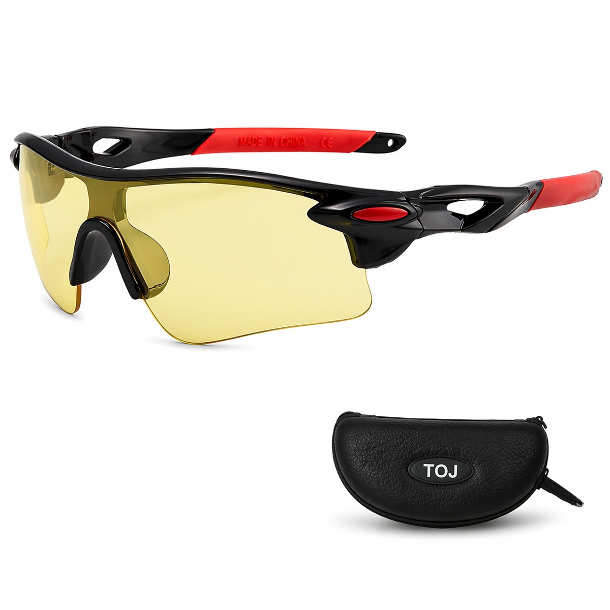 Fietsbril Met Hoes | Sportbril | Racefiets | Mountainbike | MTB | Sport Fiets Bril| Zonnebril / Nachtbril | UV Bescherming | Zwart/Rood | Gele Lens