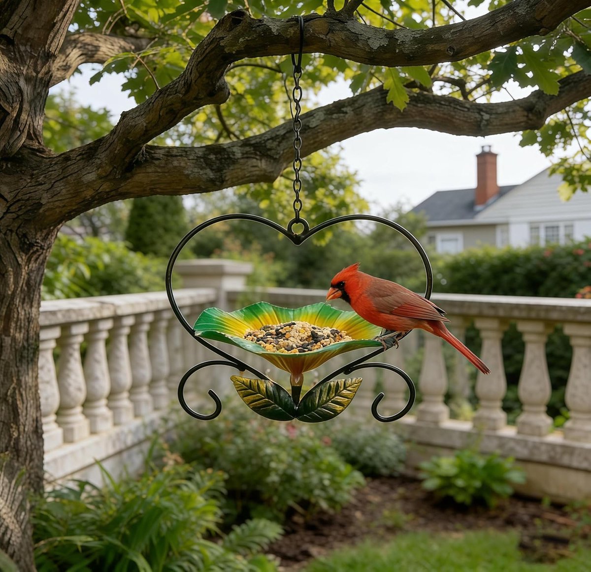 Ulisem - Vogelvoederhuisje - Hartvormig gesmeed ijzer met bloemmotief - Met ophanghaak - Open voerbak voor zaad en vetbollen - Weerbestendig poedercoating - Trekt kardinalen, mezen en vinken aan - Voor tuin, balkon en terras - Groen