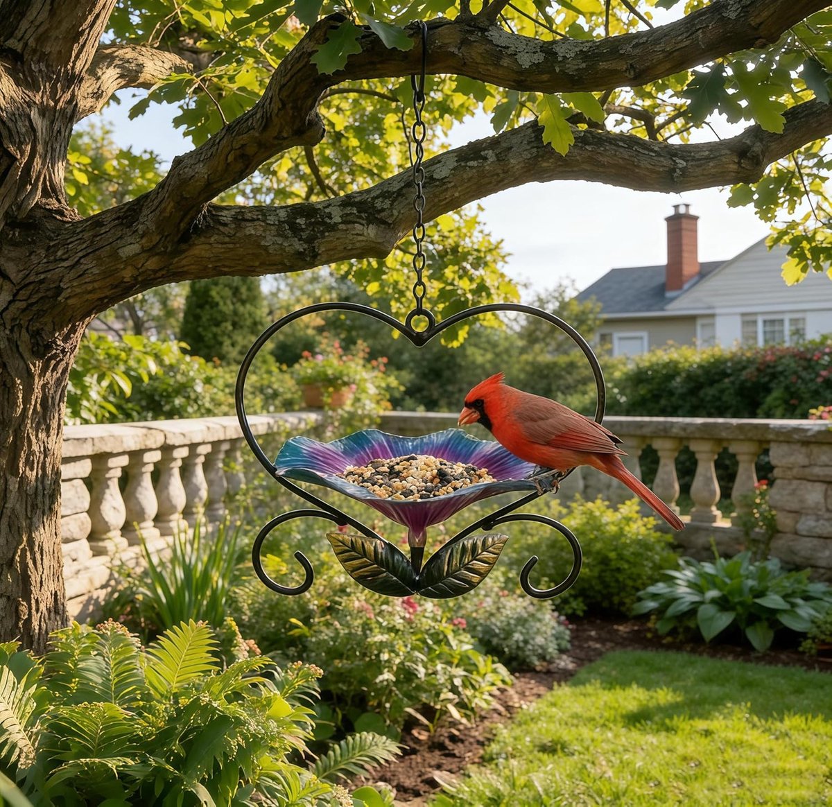 Ulisem - Vogelvoederhuisje - Hartvormig gesmeed ijzer met bloemmotief - Met ophanghaak - Open voerbak voor zaad en vetbollen - Weerbestendig poedercoating - Trekt kardinalen, mezen en vinken aan - Voor tuin, balkon en terras - Paars