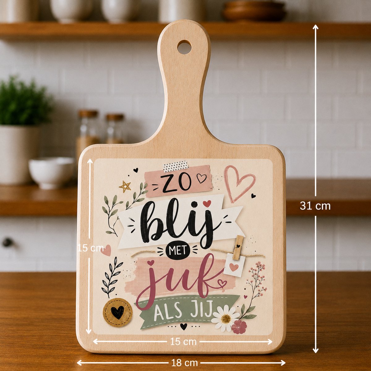 Kaasplank met Tegel Zo Blij met een Juf als Jij – Bedankcadeau voor Juf – Houten Serveerplank 18x31 cm met Tegel 15x15 cm