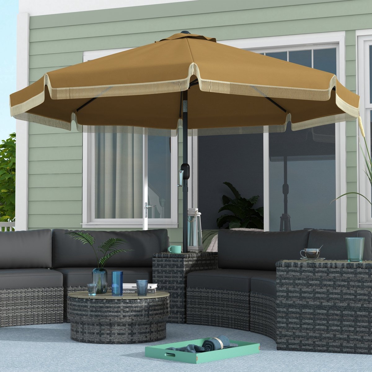 OKWISH Tuinparasol Ø265 Cm Kantelbaar Met 8 Spaken Polyester Khaki Voor Tuin En Balkon Met Slinger En Windkap