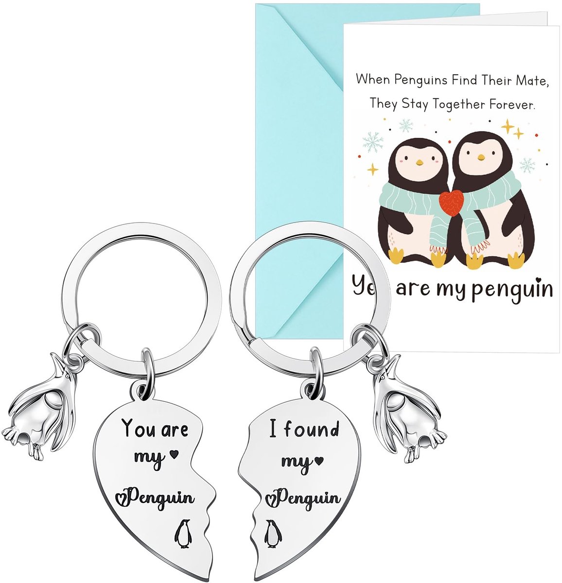Dailygoods- Sleutelhanger Pinguïn met Verjaardagskaart - Uniek Cadeau voor Koppels - Romantisch Jubileum - Sleutelhanger met Gravure - Origineel Valentijnscadeau