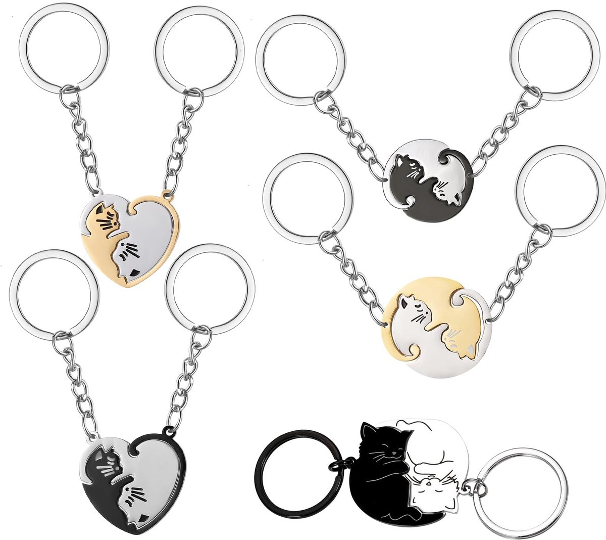 Dailygoods- Sleutelhangerset 10 stuks - Kattenvorm - Vriendschap - Deelbaar - Meerkleurig - Titanium staal - Perfect voor Valentijnsdag - Kattensleutelhanger