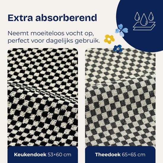 Gros plan sur des torchons à carreaux noir et blanc, avec le texte 'Extra absorbant'.