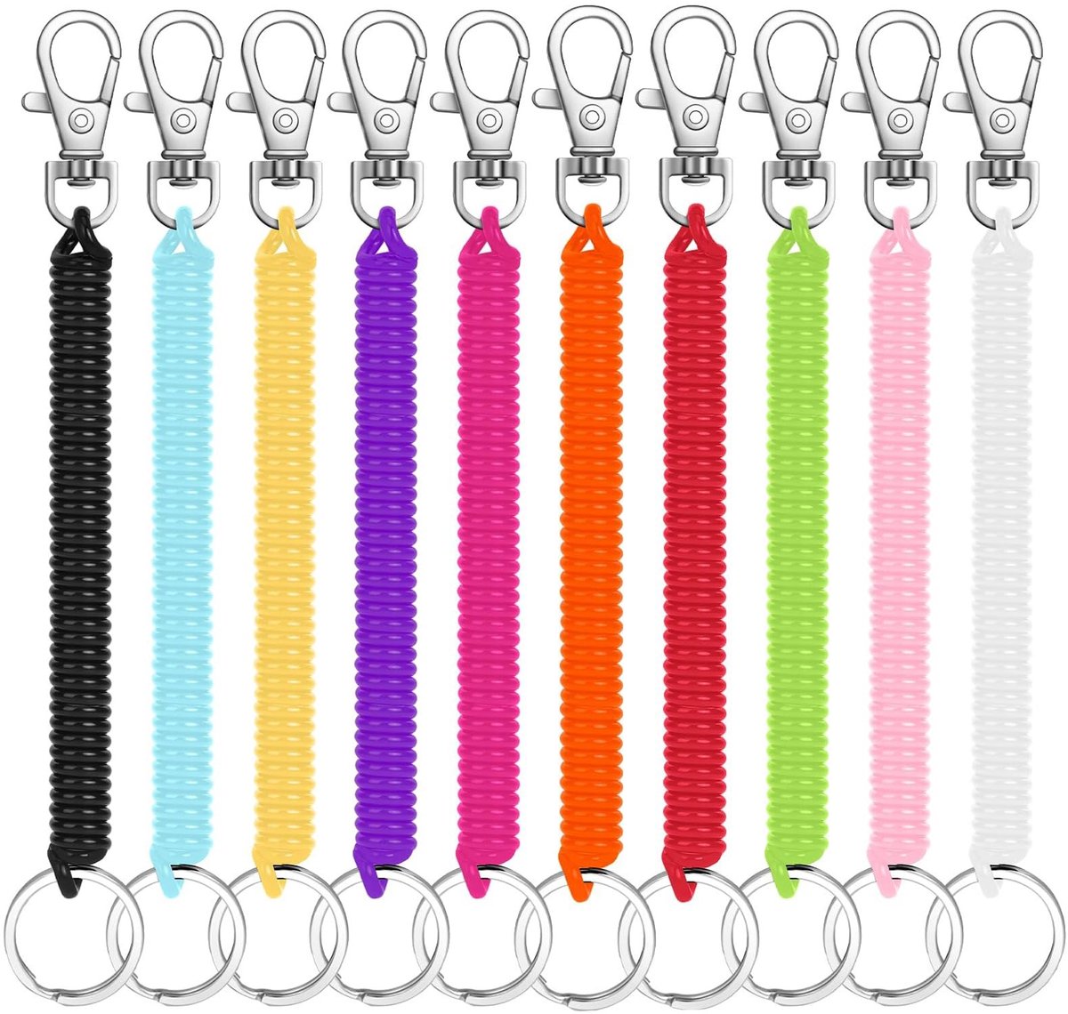 Dailygoods- Sleutelring Spiraalvormig - 10 Stuks - Kunststof/Staal - Rekbare Lengte 100 cm - Diverse Kleuren - Inclusief PVC-tas - Sleutelhanger