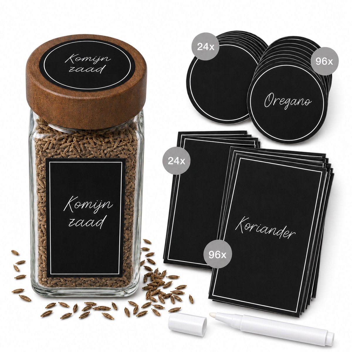 George Napoli Kruidenstickers Set - 240 Stickers voor Kruidenpotjes - 96 Rond & 96 Rechthoek Voorbedrukt - 48 Blanco Stickers - Inclusief Witte Stift - Zwarte Kruiden Labels