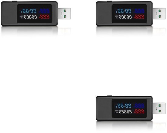 USB Tester - Stroommeter Detector - Laadstatus Monitoren - 6-in-1 IPS Display - 3 Stuks - Zwart