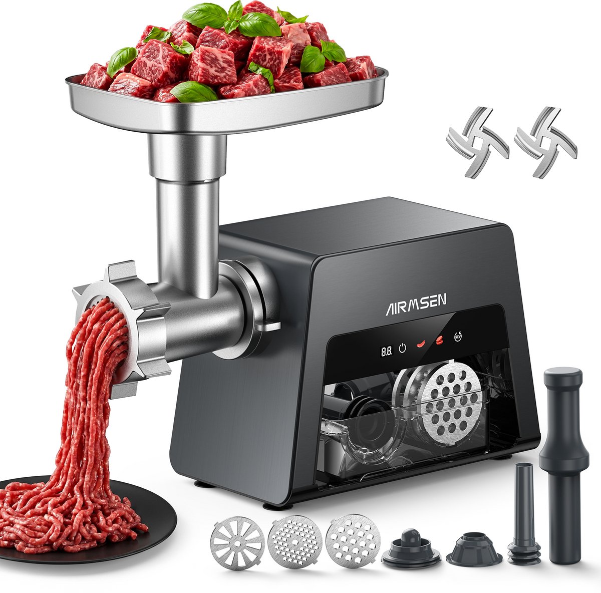 AIRMSEN Elektrische Gehaktmolen - Vleesmolen met Accessoire-opbergvak - Worstenvuller & Kibbeh-maker - Gegoten Aluminium