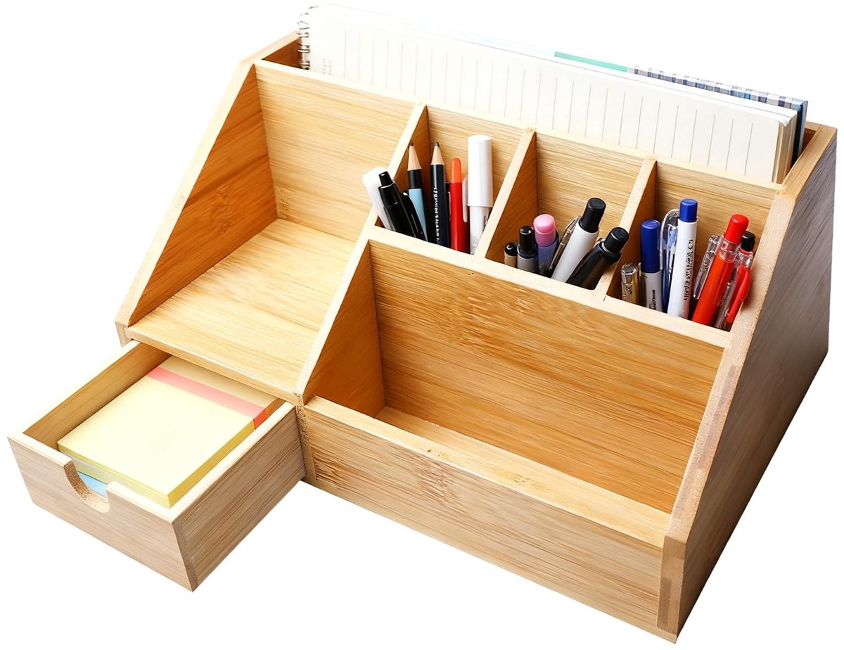 Dailygoods- Bureau-Organizer Bamboe - Bureau Organizer met Lade - Pennenhouder - Tafelorganizer - Opbergruimte - 24,5 x 15 x 11 cm - Opbergbak