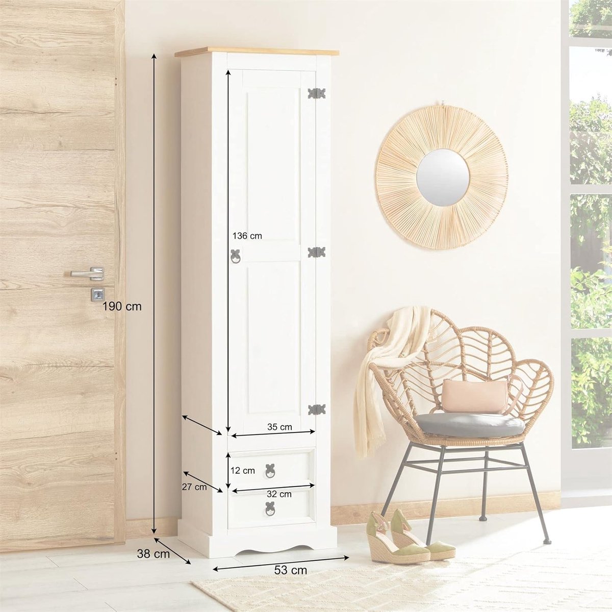 Schoenenkast House&Garden Sierra Blanca – Massief Grenenhout – Wit/Bruin – 190 x 53 x 38 cm – Hoge Smalle Schoenenkast met 8 Vakken en 2 Laden – Landelijke Opbergkast voor Hal, Gang en Slaapkamer