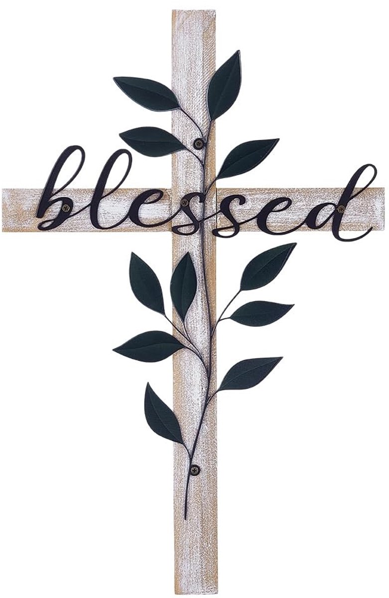 Dailygoods- Decoratieve Kruis 40 cm H - Wanddecoratie Hout Natuurlijk - Wanddecoratie Metalen Bladeren - Christelijke Decoratie - Inspirerend Cadeau