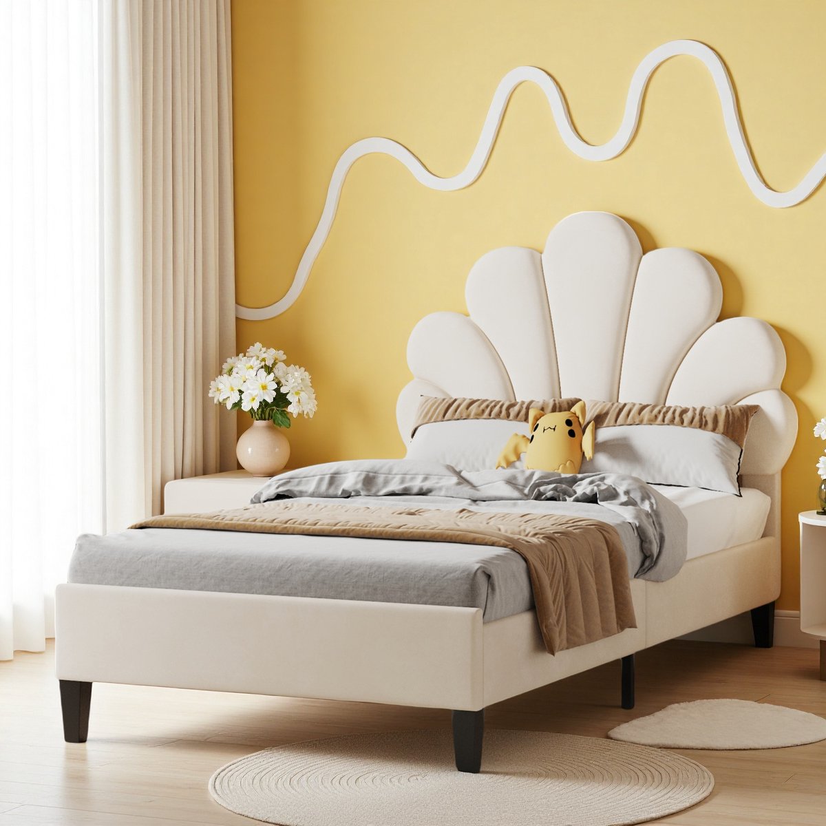 ROSAHQNDA Gestoffeerd kinderbed met bloemenhoofdbord, 90x200 cm, lattenbodem. Prinsessenbed, fluwelen stof, beige, zonder matras beige-Petal Bed