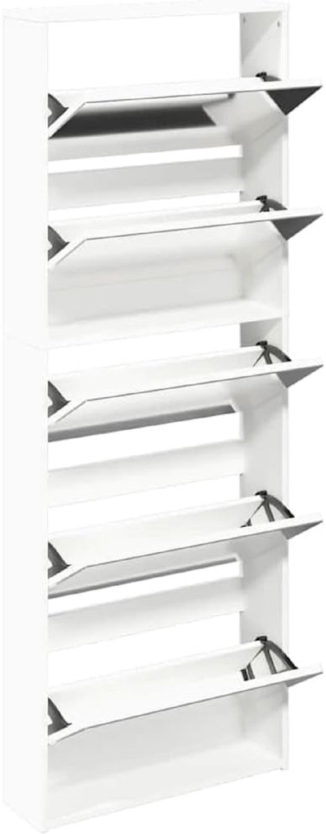 Schoenenkast met Spiegel – Wandmontage Schoenenrek met 5 Klapvakken – House&Garden Wit – Smalle Ruimtebesparende Hal Kast 63 x 17 x 169,5 cm – Modern Schoenen Opbergsysteem voor 15–20 Paar Schoenen