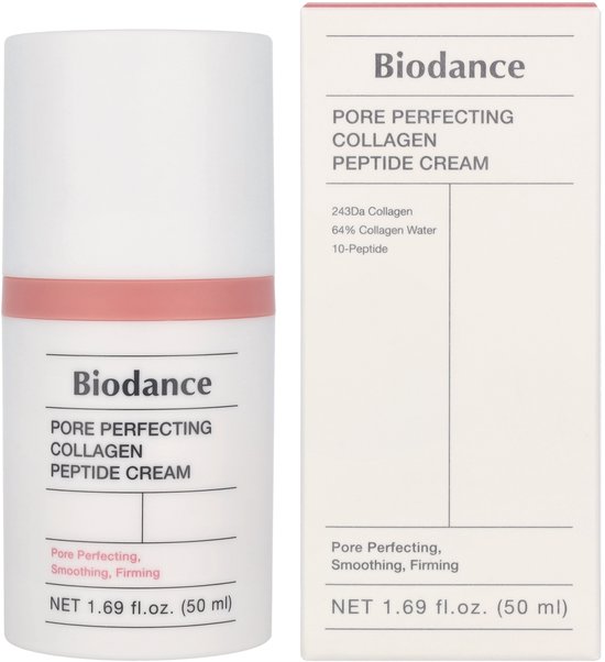 Witte flacon en doos met beige band, met de tekst Biodance Pore Perfecting Collagen Peptide Cream.
