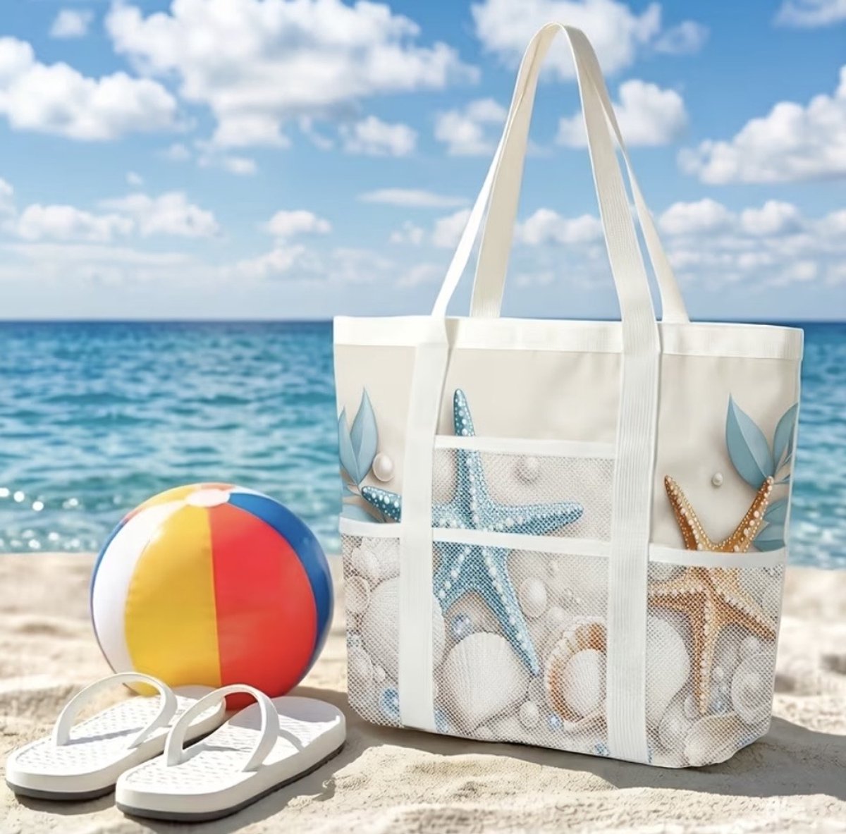 Twenty Two Grote strandtas voor dames | met opbergvakken van gaas | Zeester patroon | XL strandtas |56x18x34| Tote Bag | waterdicht | lichtgewicht | geschikt als strandtas, weekendtas, zwemtas, big shopper