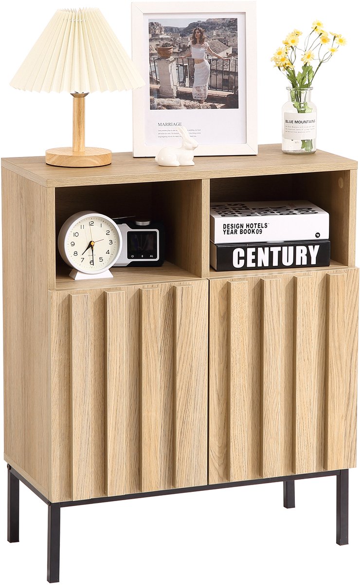 Sideboard Buffet Met Geribbelde Deuren - Verstelbare Planken En Metalen Poten Voor Hal - Woonkamer En Keuken - Eiken + Zwart - 60x30x73cm