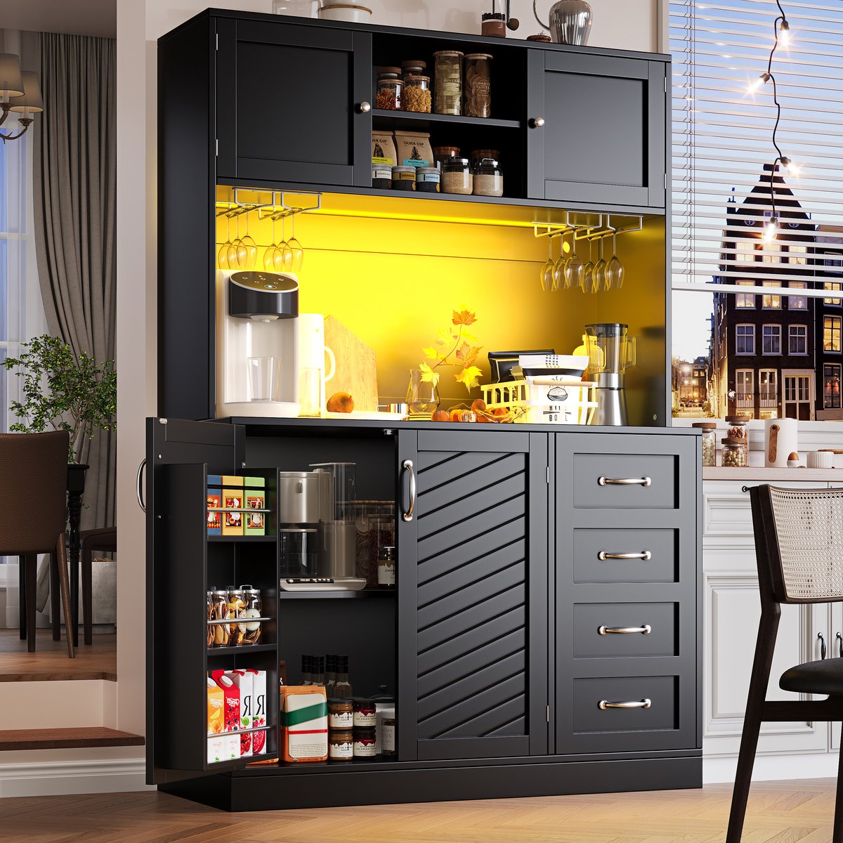 DESMIU Buffetkast - Met Ledverlichting En Grote Opbergruimte - Met 4 Deuren 2 Laden En Drankhouders Voor Keuken En Woonkamer - MDF - 120x40x188 Cm - Zwart