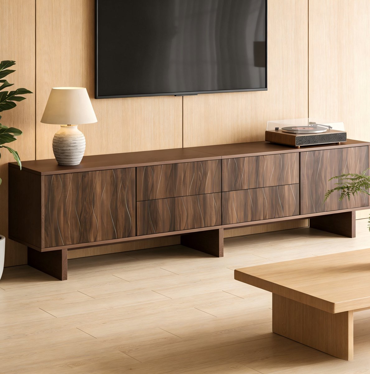 DESMIU Tv Meubel - Golvend Design Met 4 Lades En 2 Deuren - Voor Woonkamer En Televisie Tot 75 Inch - Spaanplaat - 180x40x56 Cm - Donker Walnoot