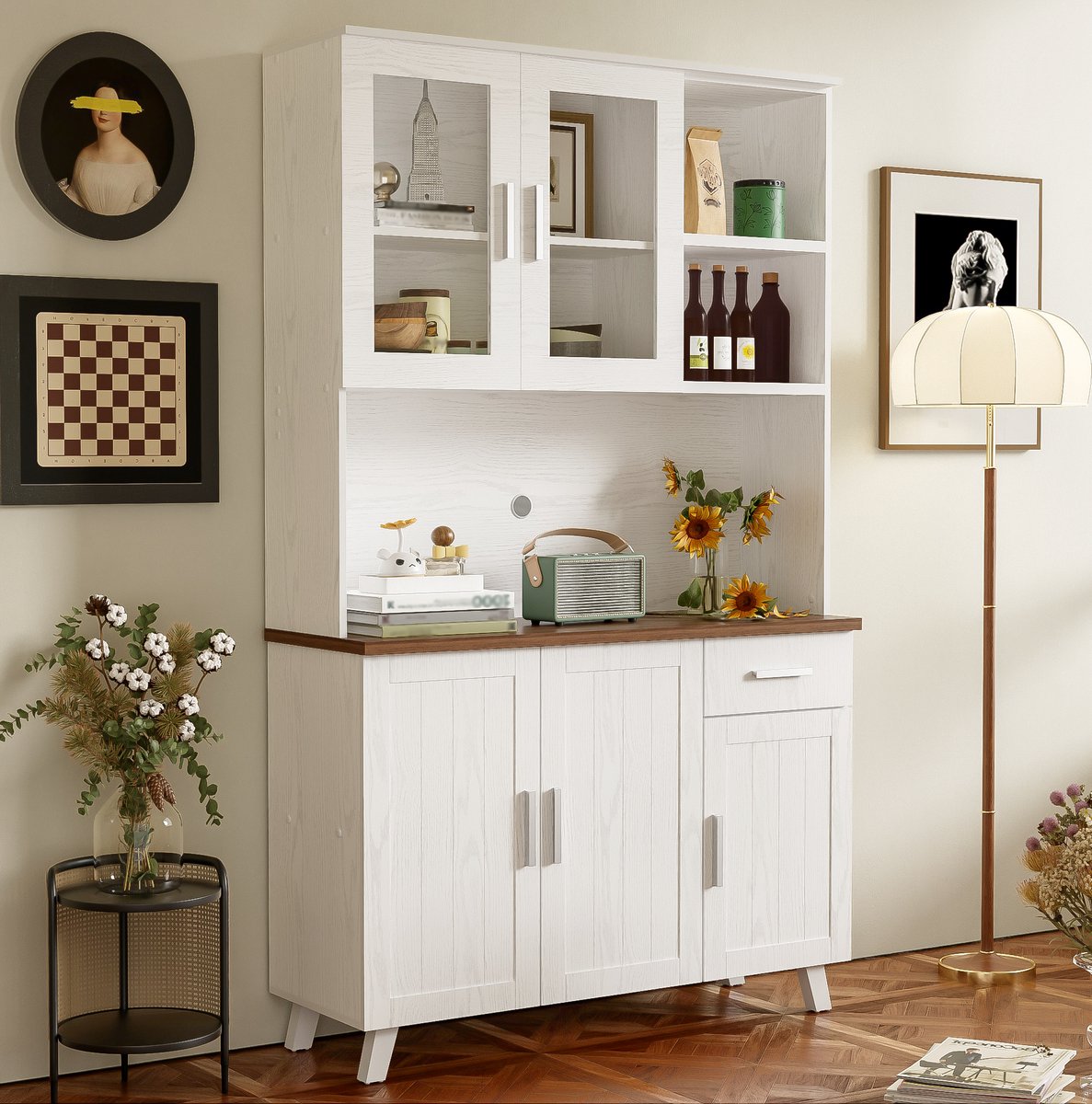 DESMIU Buffetkast - Rustiek Design Met Vitrinedeuren En Veel Opbergruimte - Voor Woonkamer En Eetkamer - Spaanplaat - 114x40x190 Cm - Wit Bruin
