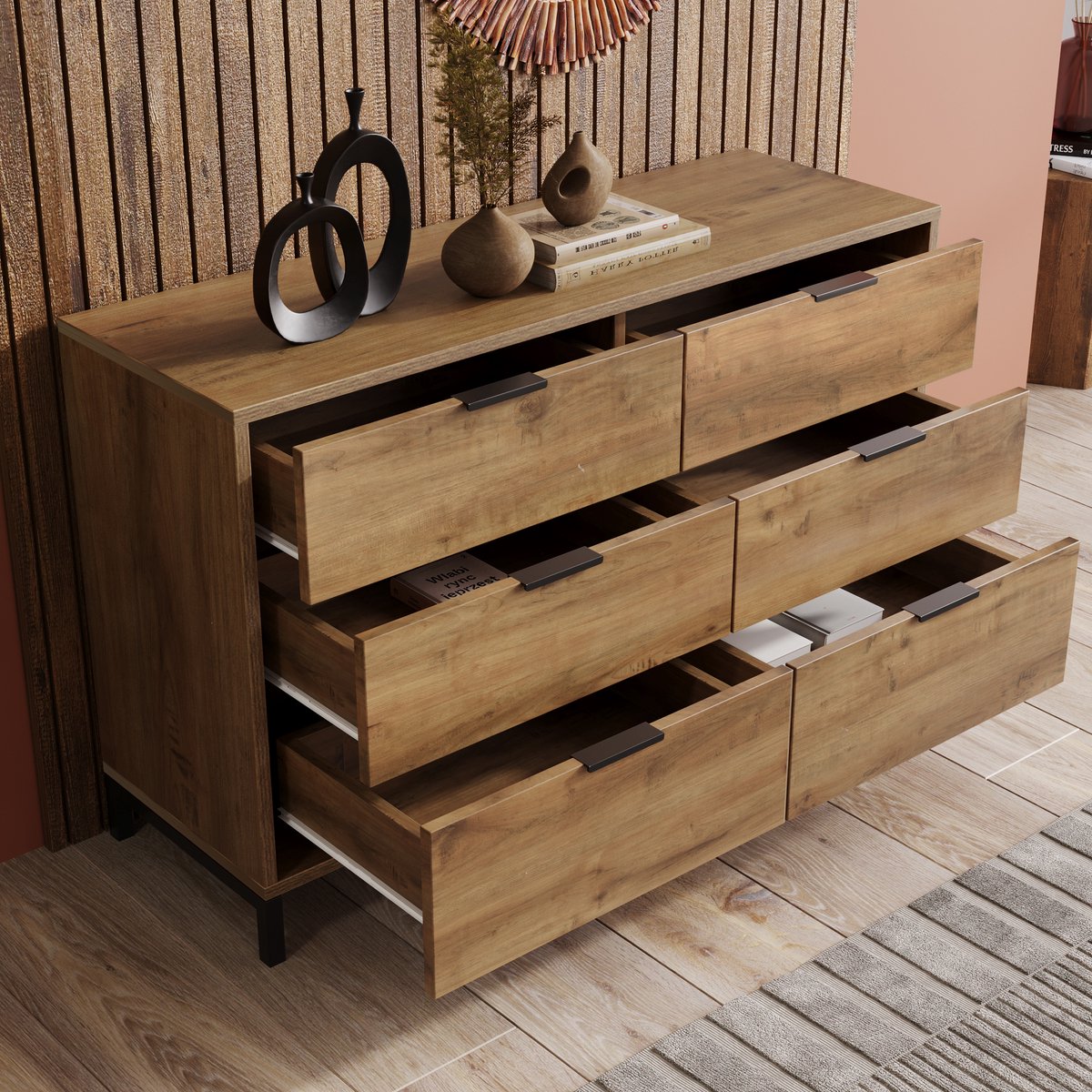 DESMIU Ladekast - Industrieel Design Met 6 Laden - Praktische Opbergruimte Voor Slaapkamer En Woonkamer - Spaanplaat En Metaal - 120x40x76 Cm - Donkere Eik Bruin
