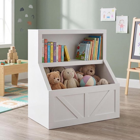 Wit speelgoedrek gevuld met knuffels en boeken, in een kinderkamer.