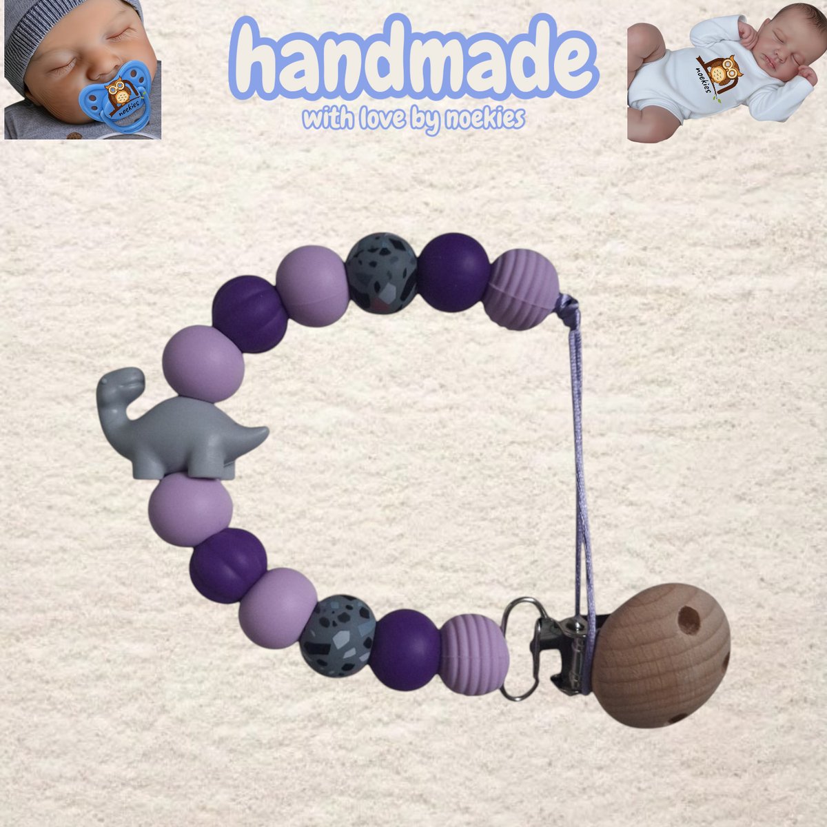 noekies Speenkoord Dino langnek grijs lila paars Kraamcadeau - Speenketting - Babycadeau - Babyshower nr 22