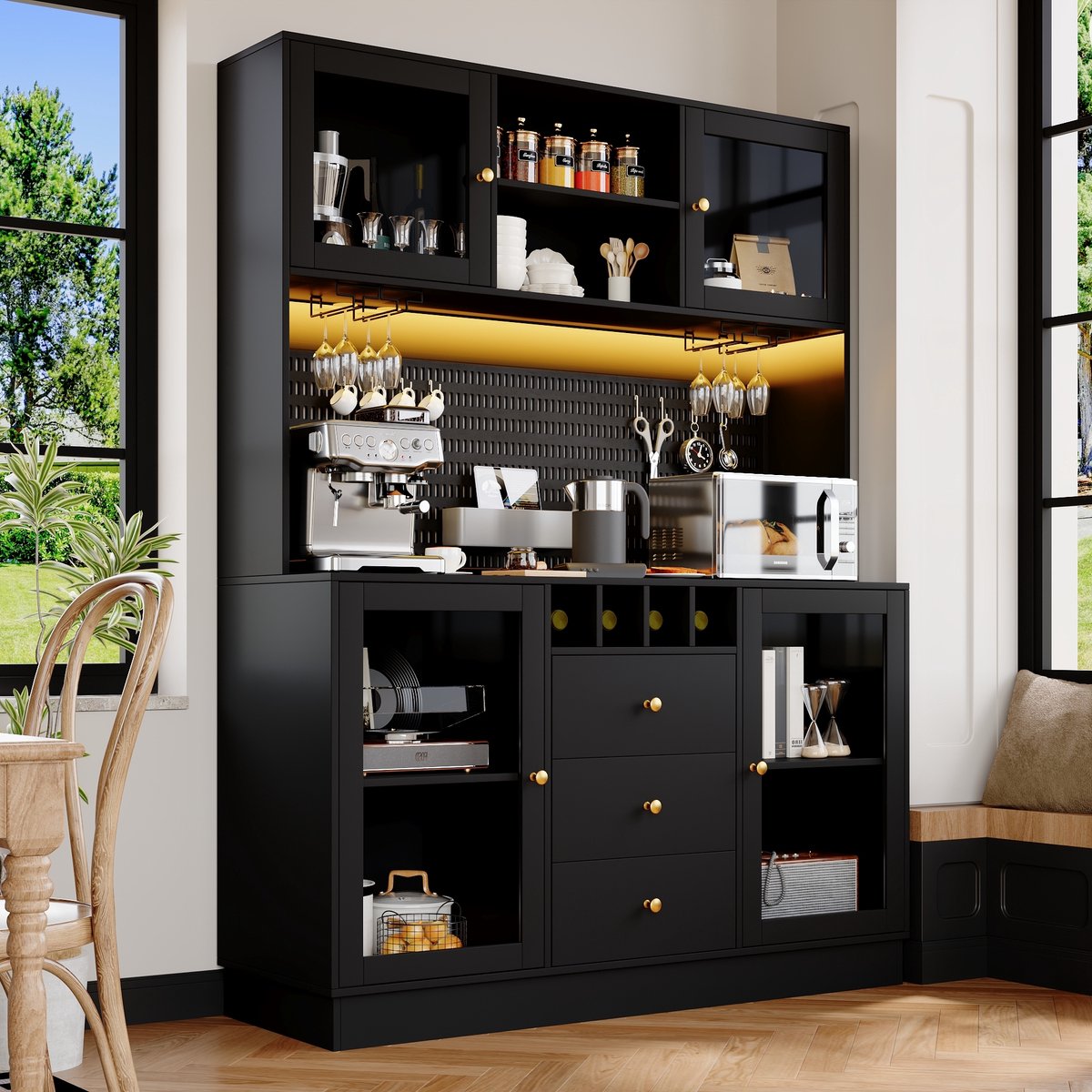 DESMIU Hoge Kast - Met Slimme Led Verlichting En Wijnglasrek - Voor Keuken En Woonkamer - MDF En Glas - 140x40x185,7 Cm - Zwart