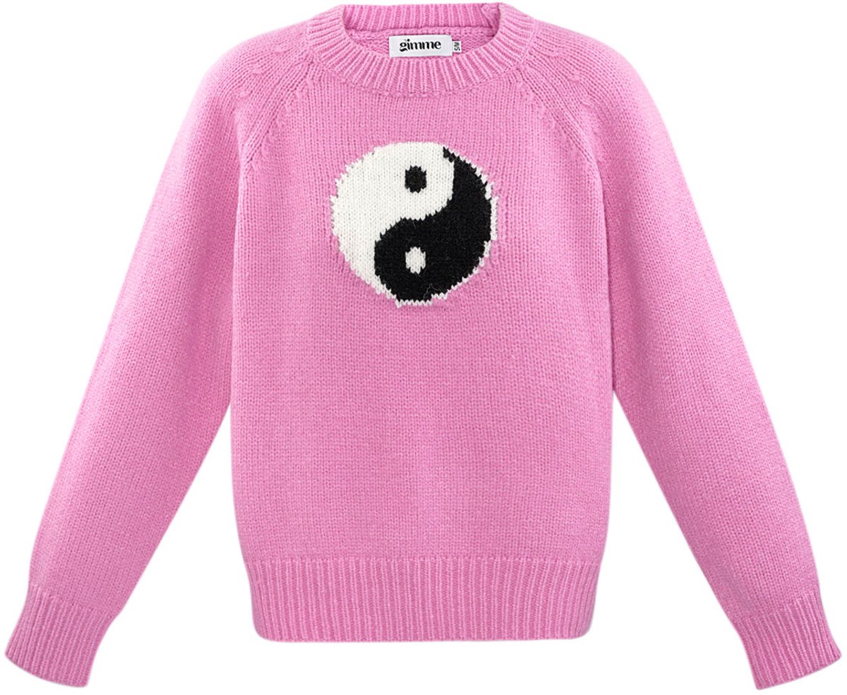 Moderne Gebreide Katoen Trui met Yin Yang Symbool - Roze - Maat L/XL