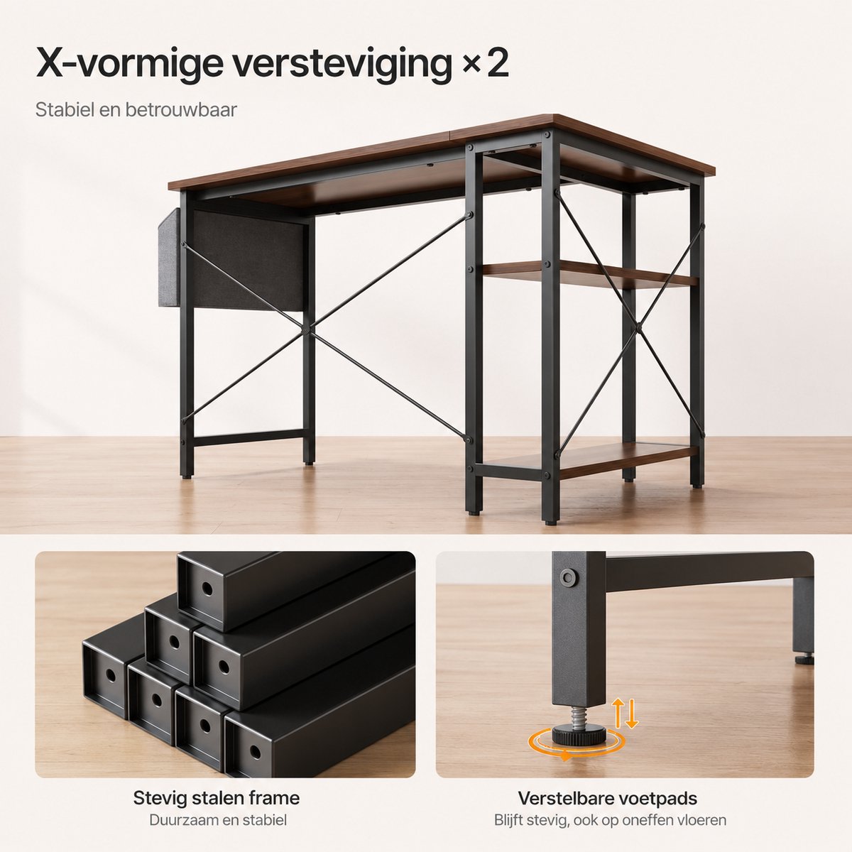 BOTC Hoekbureau 100 cm - Rustiek bruin met opbergplanken thumbnail 5