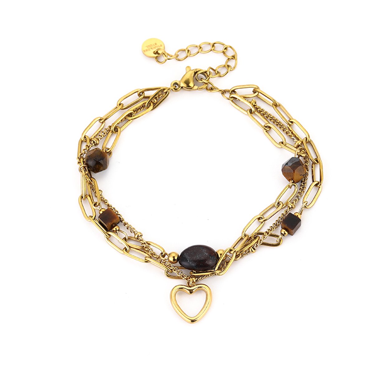 Layered Dames Armband met Hartje & Natuursteen Bruin – Goudkleurig Stainless Steel – Kleurvast – Verstelbaar 16 + 3 cm