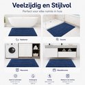 Blauwe badmat in vier verschillende ruimtes: badkamer, douche, wasruimte en wastafelruimte.