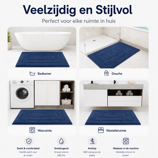 Blauwe badmat in vier verschillende ruimtes: badkamer, douche, wasruimte en wastafelruimte.