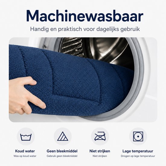 Blauwe badmat wordt in een wasmachine geplaatst.