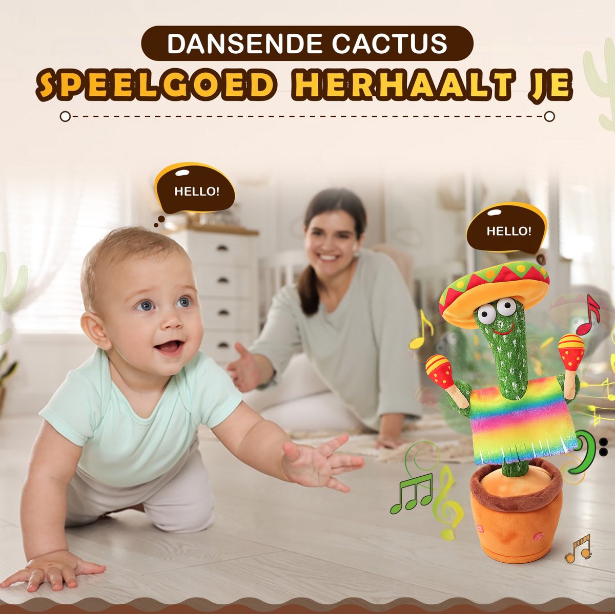Bailanta® Dansende Cactus - Pratende Cactus - Kinder Speelgoed - Interactieve Knuffel - Nederlandse Handleiding - Pratende Knuffel – Cactus Speelgoed – USB Opladen – Geeft Licht – Met Mexicaanse Outfit – 120 Liedjes - Zingende Cactus - Perfect Cadeau — afbeelding 5