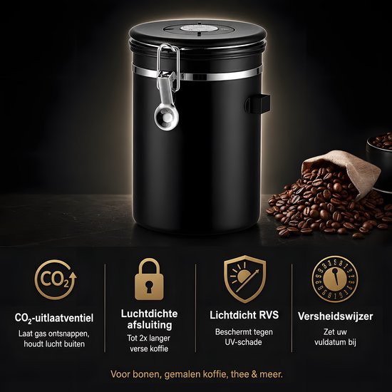 Zwarte RVS koffiebewaarpot met pictogrammen voor CO₂-uitlaatventiel, luchtdichte afsluiting en datuminstelling, met koffiebonen ernaast.
