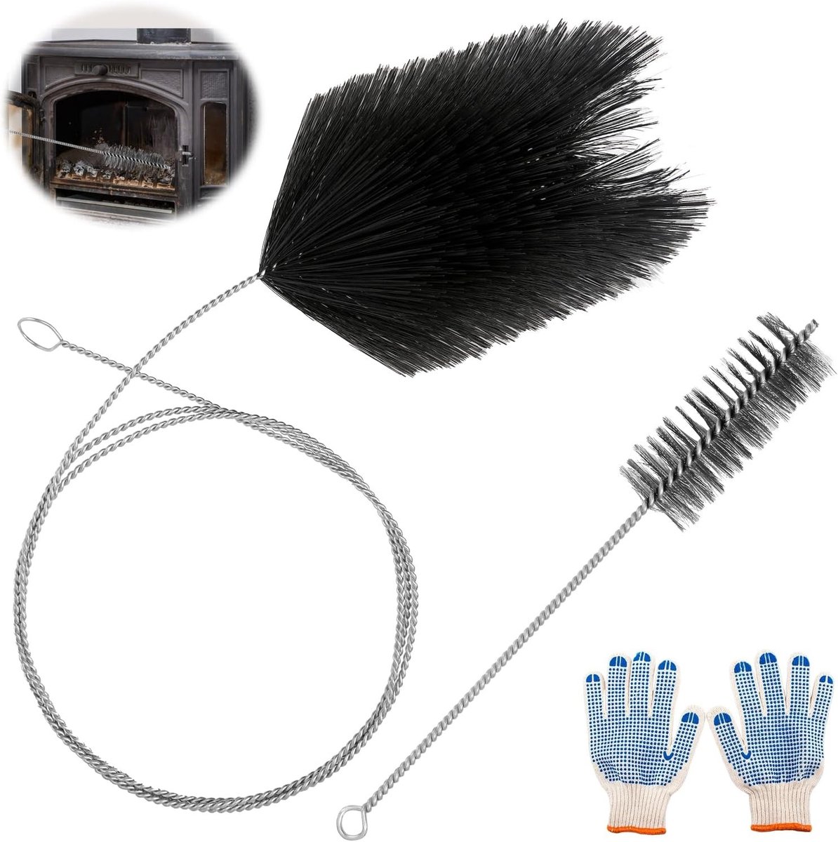 Set van 2 Schoonmaakborstels voor Kachelpijpen, Open Haard en Schoorsteen met Flexibele Stang en Handschoenen, Ideaal voor het Reinigen van Kachels en Boilerventilatie (170 mm)