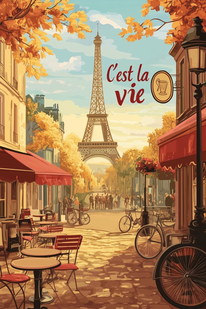 Cest La Vie Poster - Tekst - Quote - Parijs - Eiffeltoren - Natuur - Kunst - Frans - Café - Herfst - posters - formaat 30x40cm - Wanddecoratie - XS4913KMD