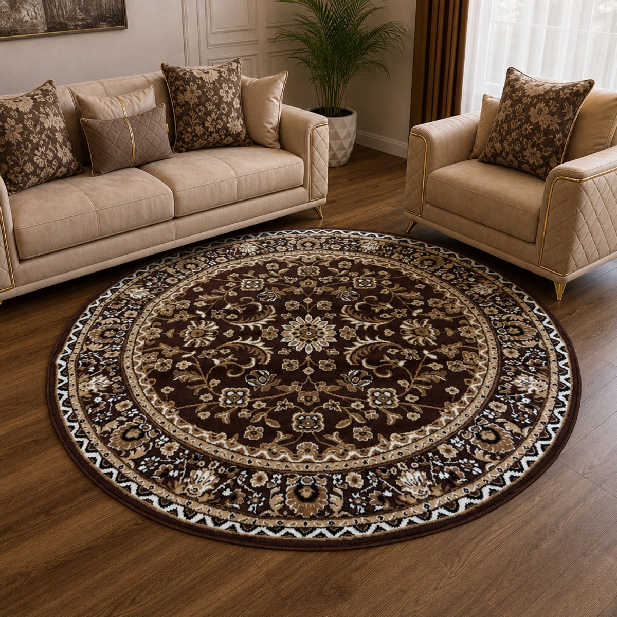 Muratap Nain Klassiek Rond Vintage Oosters Vloerkleed Bruin- 240 CM Ø