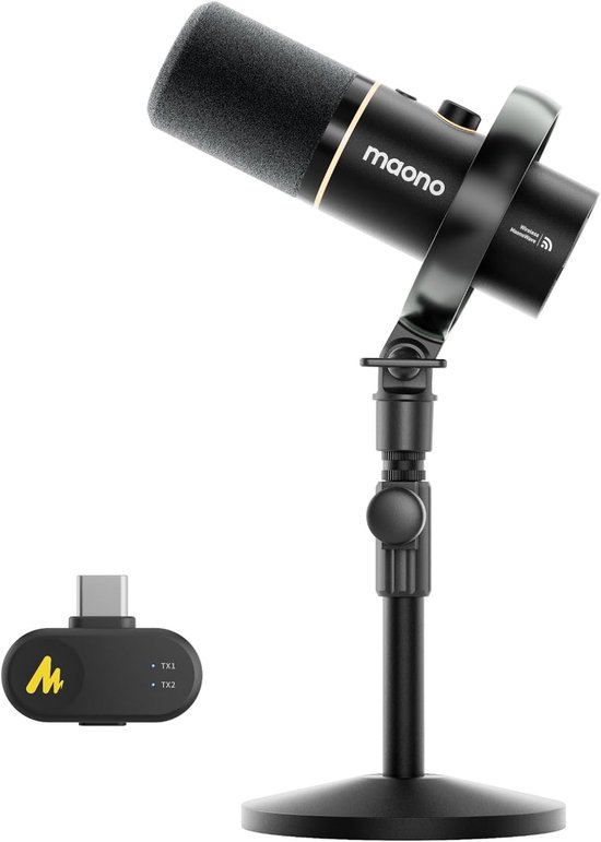 Zwarte draadloze microfoon op standaard met USB-C ontvanger ernaast.