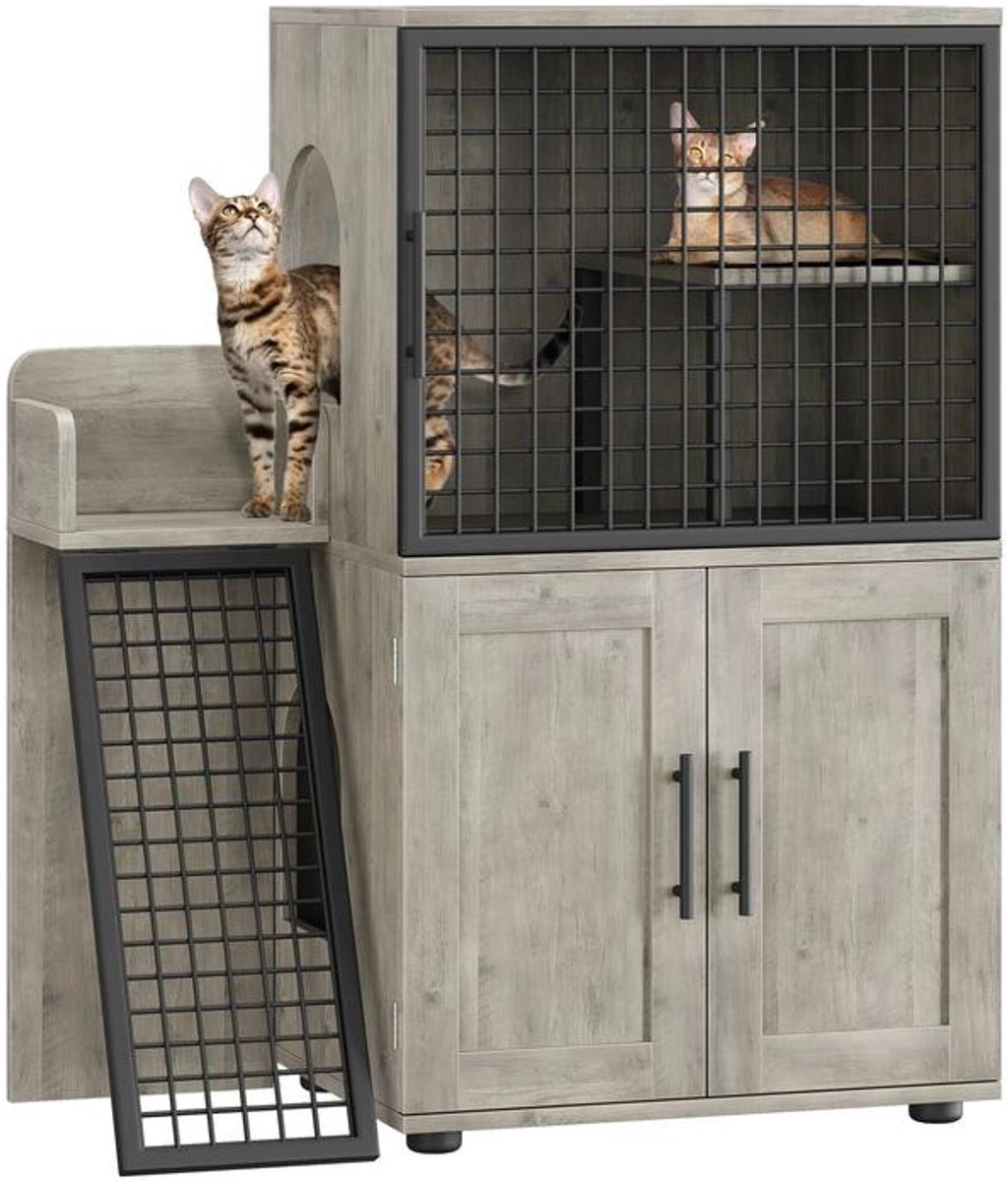 NordPaw® Kattenbak Meubel met Kattenhuis en Verstopte Kattenbak - Industrieel Kattenmeubel met Opbergkast, Loopplank en Verhoogde Lounge - Grijs - 85 x 60 x 106,5 cm