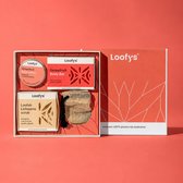 Een open Loofy's geschenkdoos met daarin een grapefruit body bar, bodylotion, luffa scrub en netzakje.