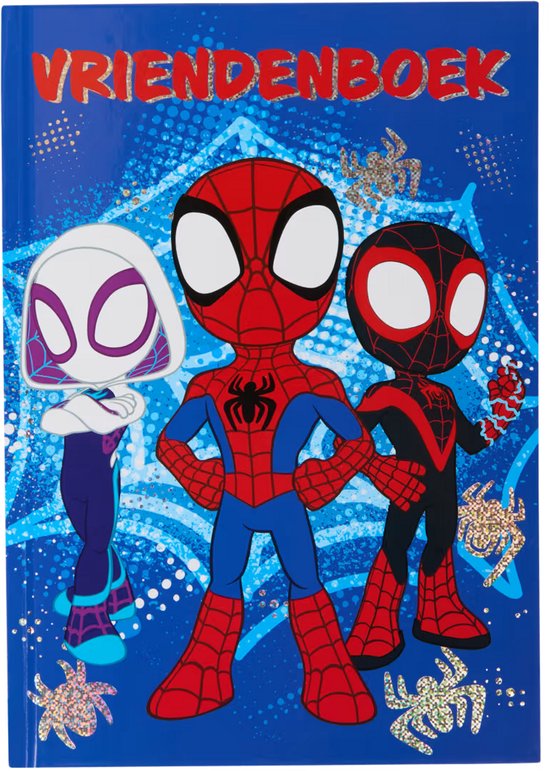 Carnet d'amis avec Spidey, Ghost-Spider et Miles Morales sur fond bleu avec des araignées.