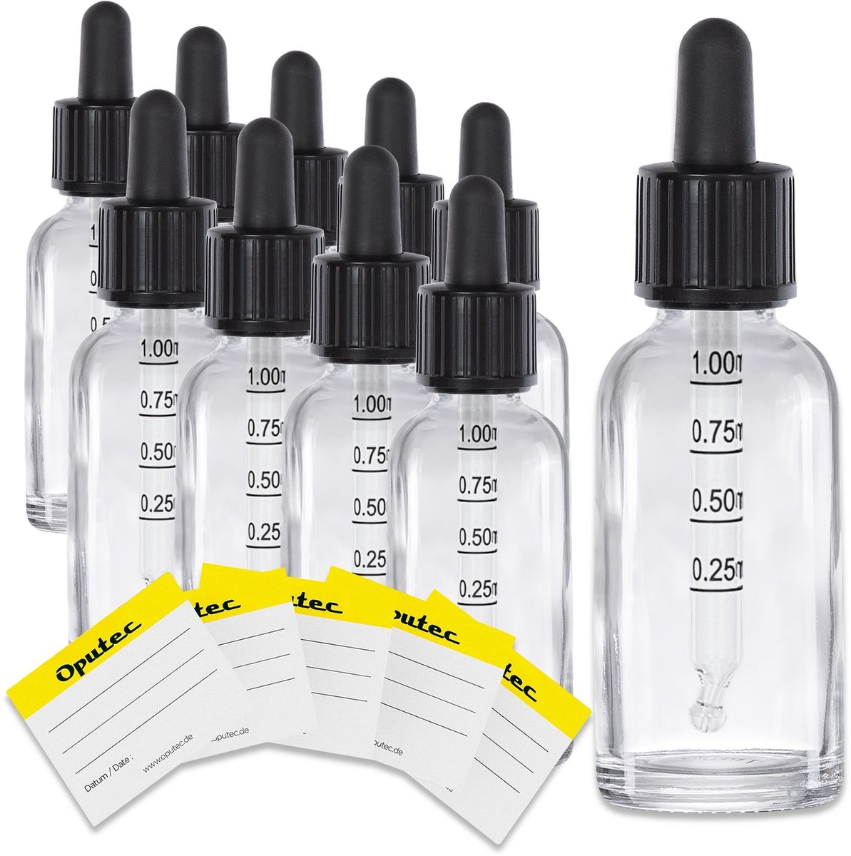 Oputec 10x 30ml pipetflesjes glas met schaalverdeling kindveilig lekvrij voor olie aroma en essenties nauwkeurig doseren